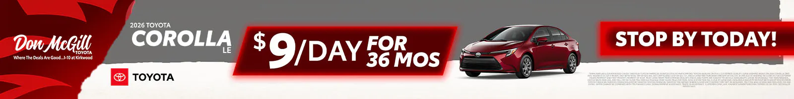 Lease 2026 Corolla LE – $9/day for 36 months