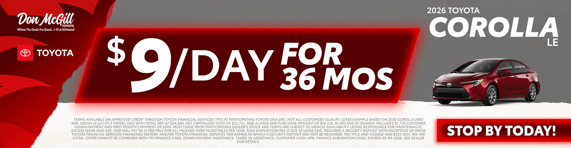 Lease 2026 Corolla LE – $9/day for 36 months