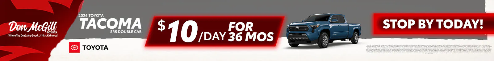 Lease 2026 Tacoma SR5 Double Cab – $10/day for 36 months