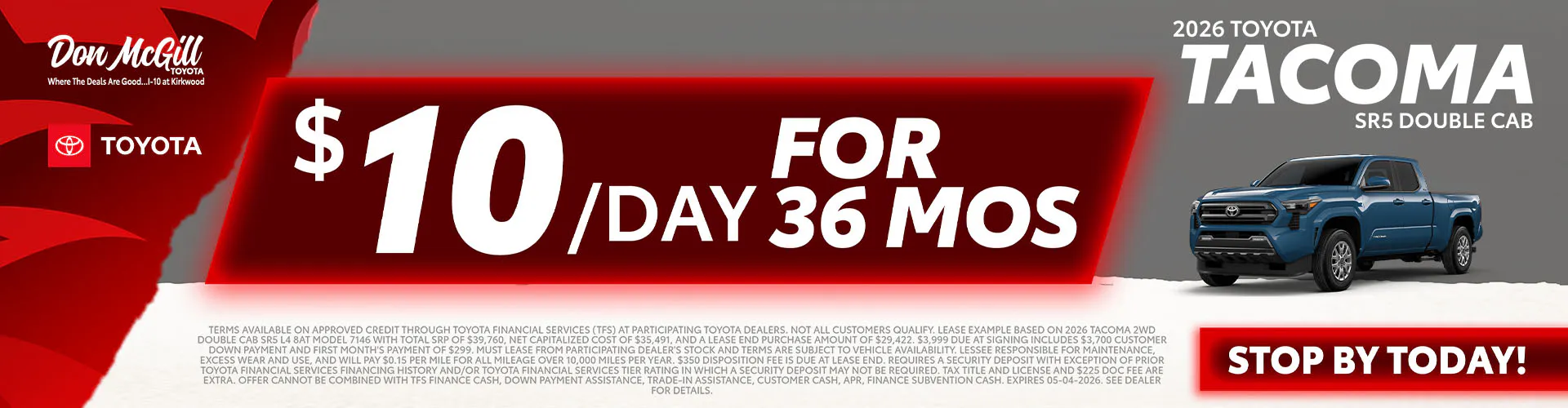 Lease 2026 Tacoma SR5 Double Cab – $10/day for 36 months