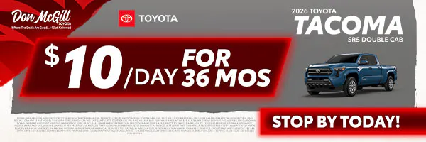 Lease 2026 Tacoma SR5 Double Cab – $10/day for 36 months | Don McGill Toyota