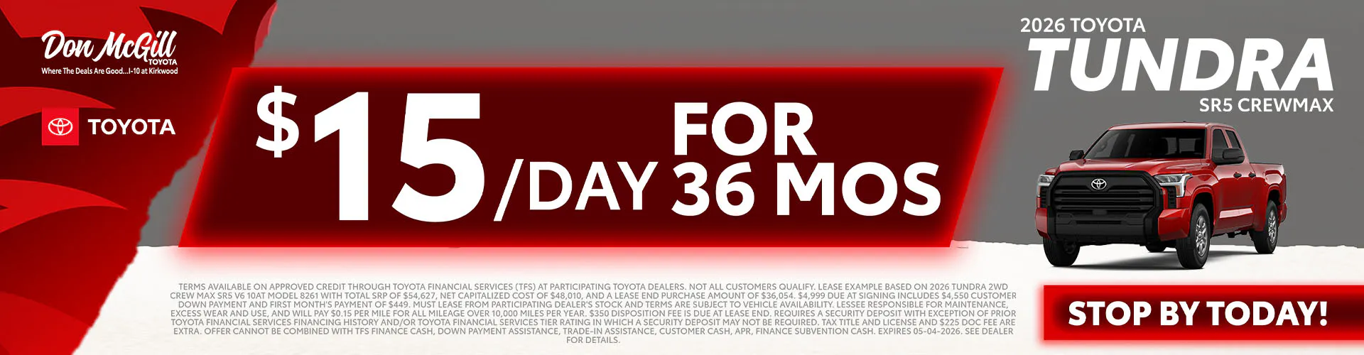 Lease 2026 Tundra SR5 CrewMax – $15/day for 36 months