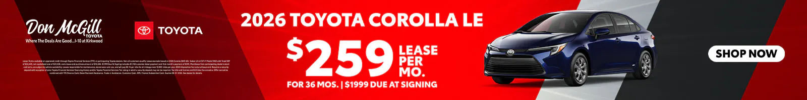 Lease 2026 Corolla LE – $259/Month for 36 months