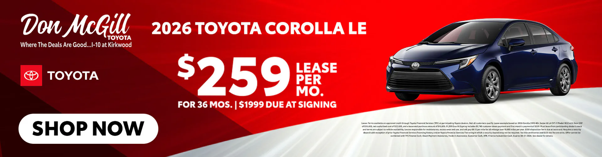 Lease 2026 Corolla LE – $259/Month for 36 months