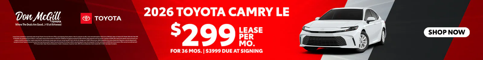 Lease 2026 Camry LE – $299/Month for 36 months