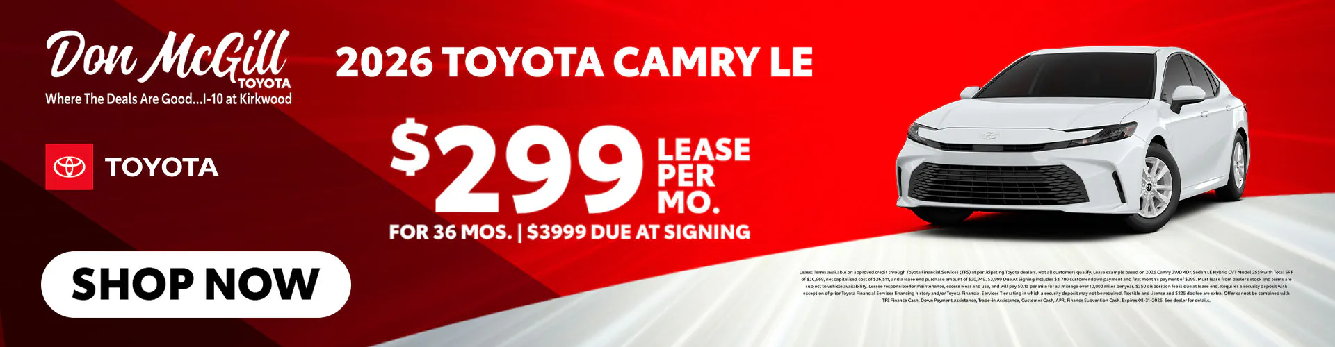 Lease 2026 Camry LE – $299/Month for 36 months
