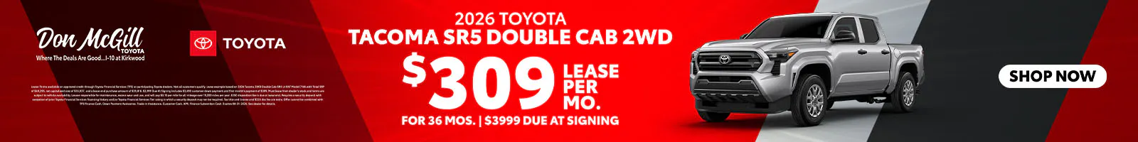 Lease 2026 Tacoma SR5 Double Cab – $309/Month for 36 months