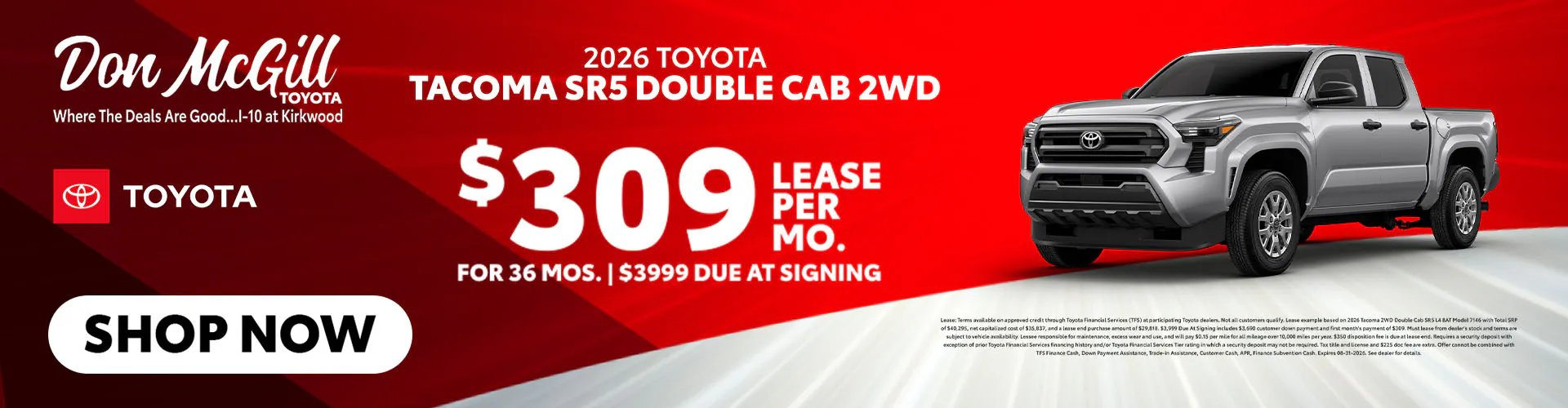 Lease 2026 Tacoma SR5 Double Cab – $309/Month for 36 months