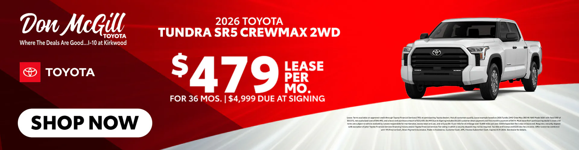 Lease 2026 Tundra SR5 CrewMax – $479/Month for 36 months