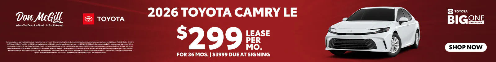 Lease 2026 Camry LE – $299/Month for 36 months
