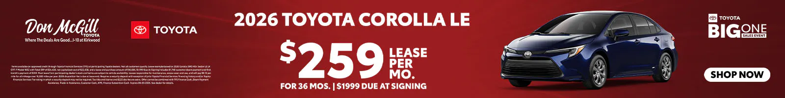 Lease 2026 Corolla LE – $259/Month for 36 months