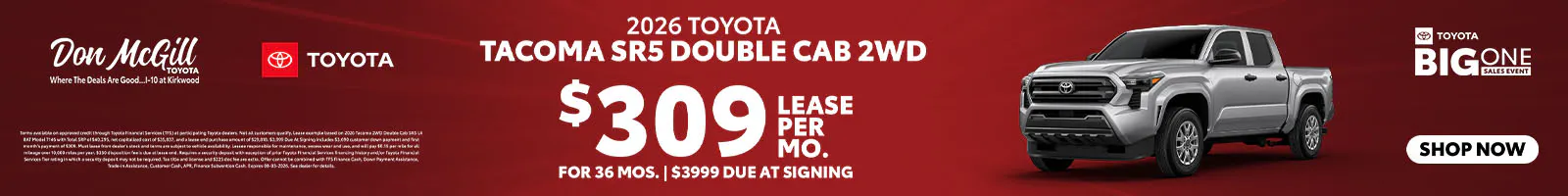Lease 2026 Tacoma SR5 Double Cab – $309/Month for 36 months