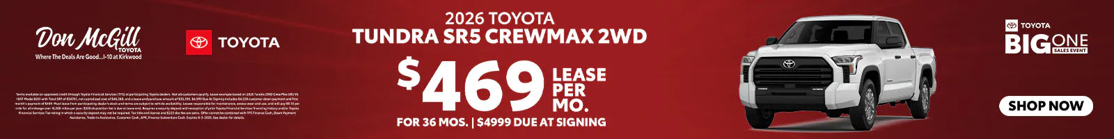 Lease 2026 Tundra SR5 CrewMax – $469/Month for 36 months