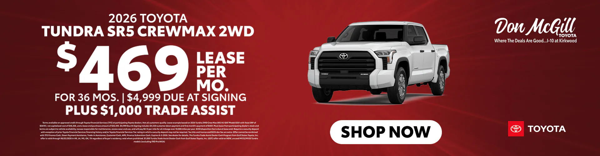 Lease 2026 Tundra SR5 CrewMax – $469/Month for 36 months