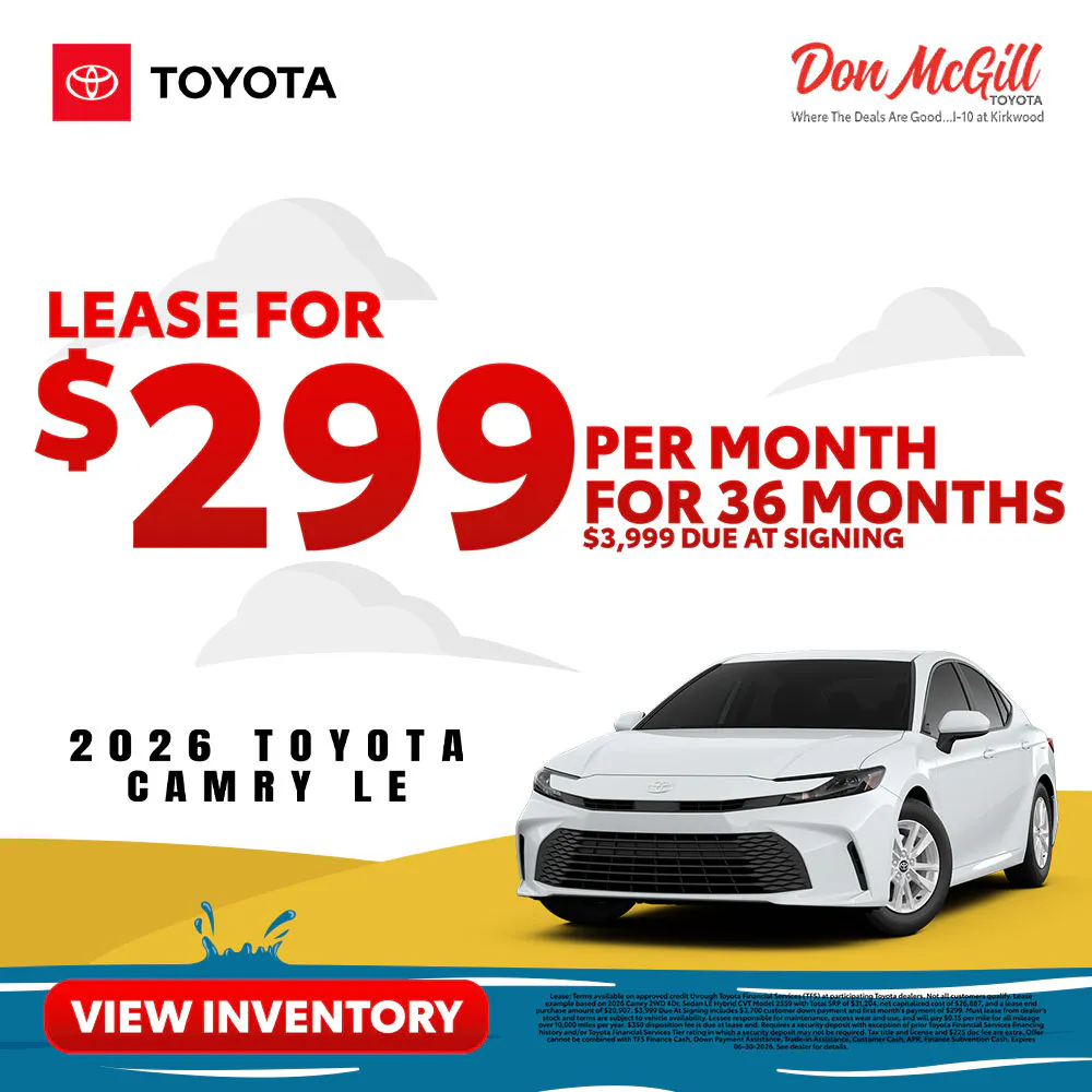 Lease 2026 Camry LE – $299/Month for 36 months