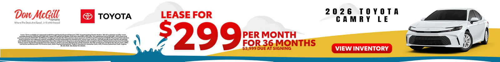 Lease 2026 Camry LE – $299/Month for 36 months