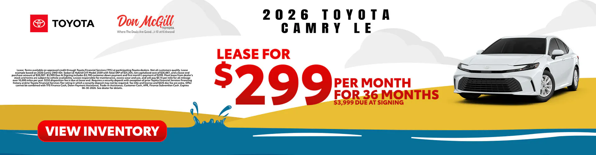 Lease 2026 Camry LE – $299/Month for 36 months