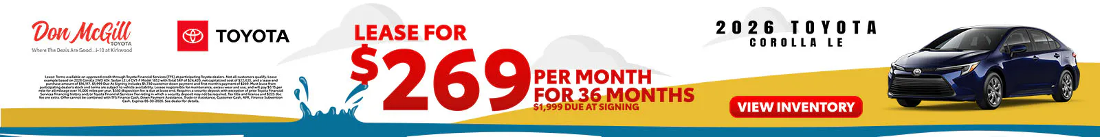 Lease 2026 Corolla LE – $269/Month for 36 months