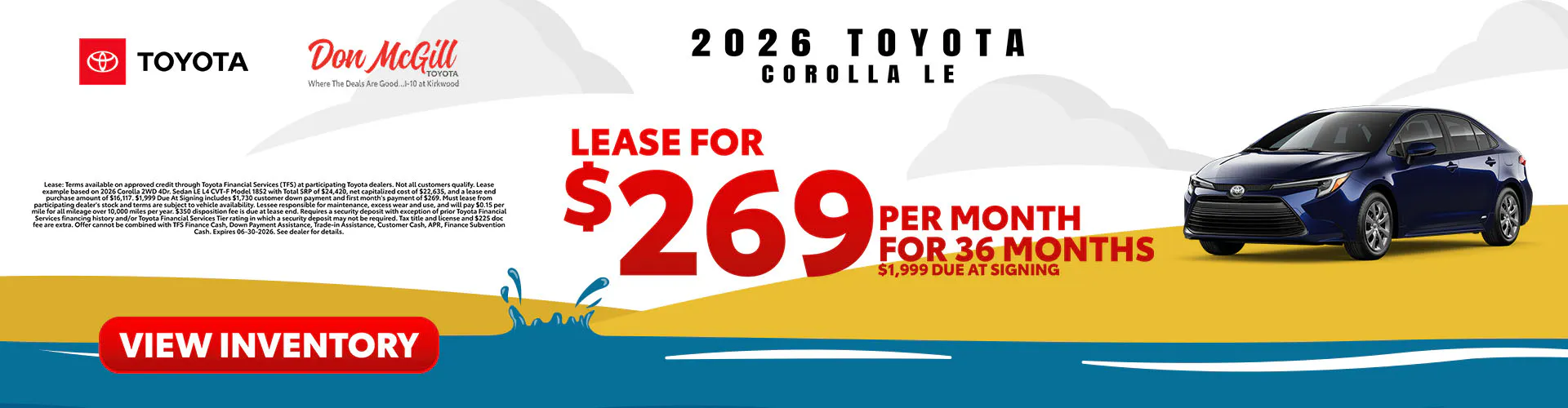 Lease 2026 Corolla LE – $269/Month for 36 months
