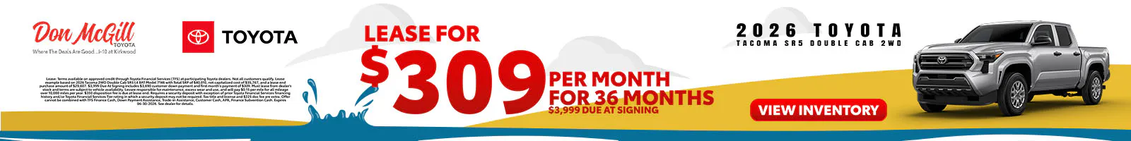 Lease 2026 Tacoma SR5 Double Cab – $309/Month for 36 months