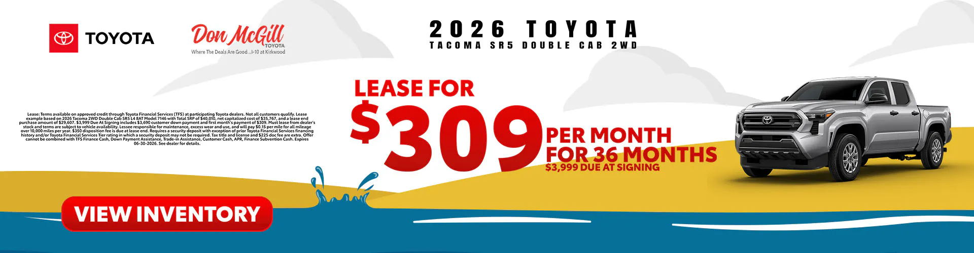 Lease 2026 Tacoma SR5 Double Cab – $309/Month for 36 months