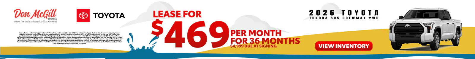Lease 2026 Tundra SR5 CrewMax – $469/Month for 36 months