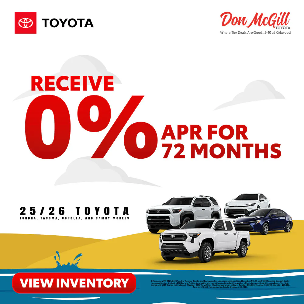 0% APR on a 2025/2026 Tundra, Tacoma, Corolla, & Camry