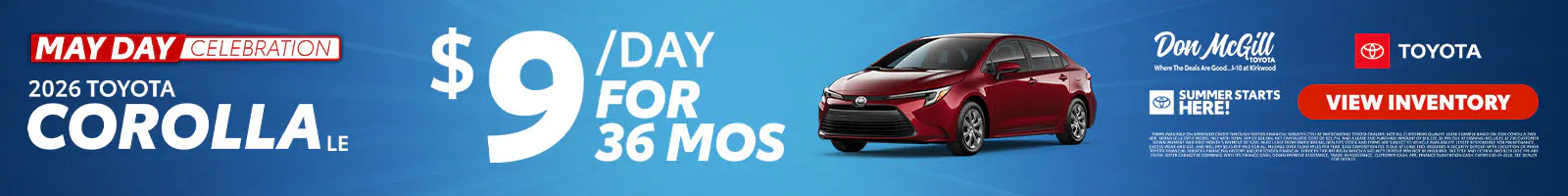 Lease 2026 Corolla LE – $9/day for 36 months