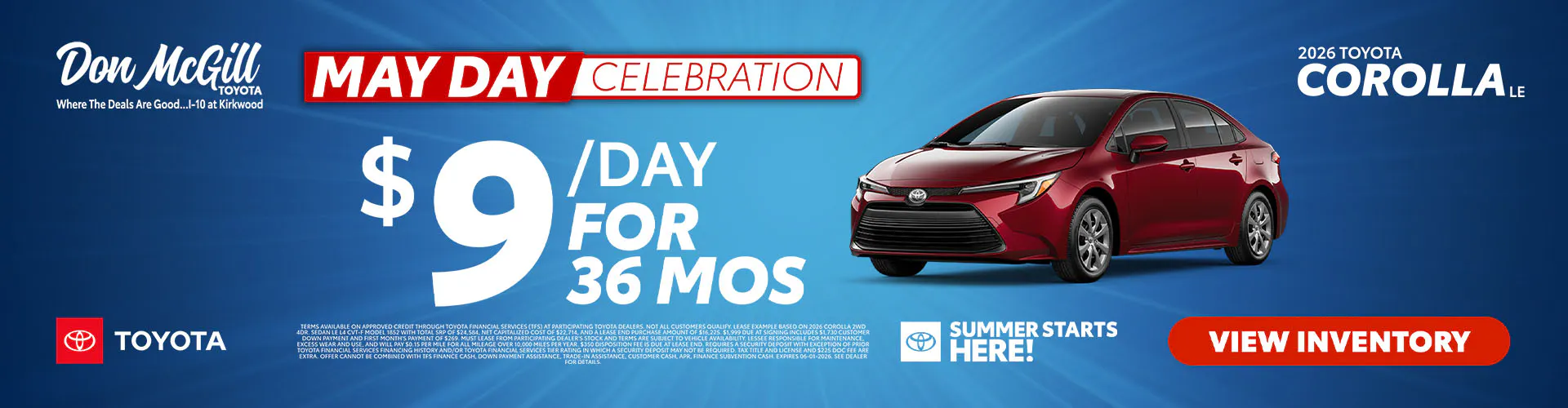 Lease 2026 Corolla LE – $9/day for 36 months