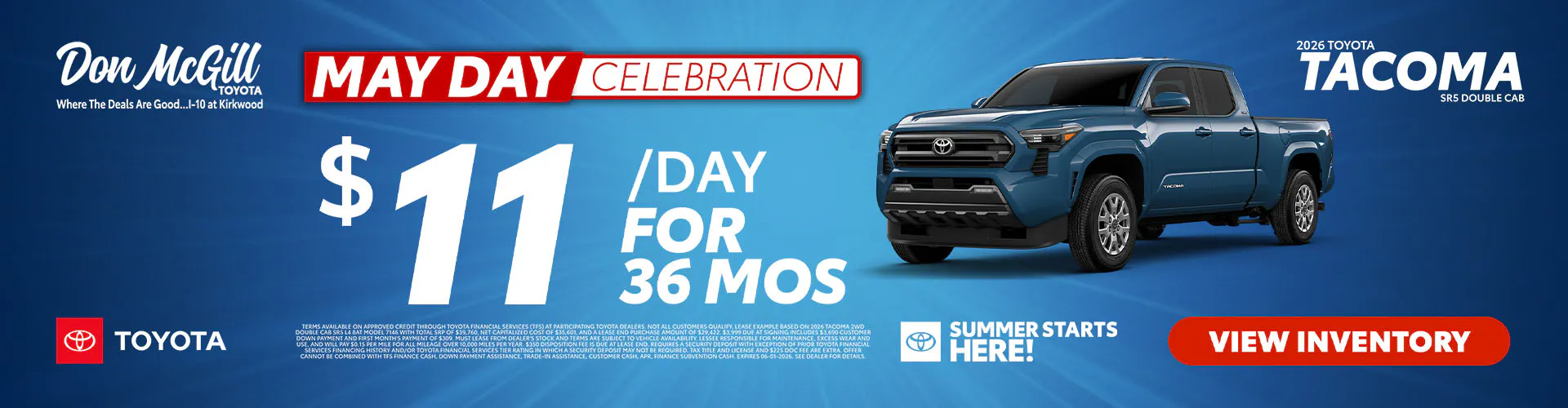 Lease 2026 Tacoma SR5 Double Cab – $11/day for 36 months