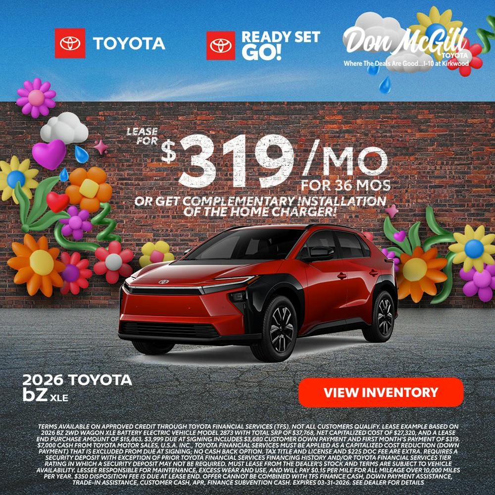 Lease 2026 bZ XLE – $319/month for 36 months OR get Complementary installation of the home charger!