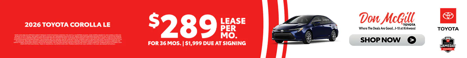 Lease 2026 Corolla LE – $289/Month for 36 months
