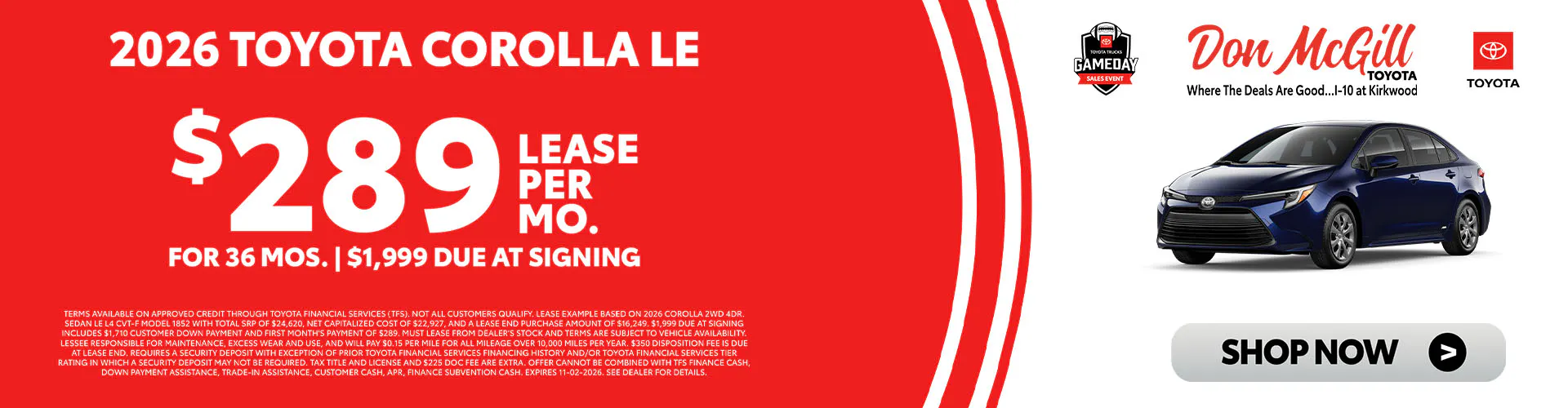 Lease 2026 Corolla LE – $289/Month for 36 months