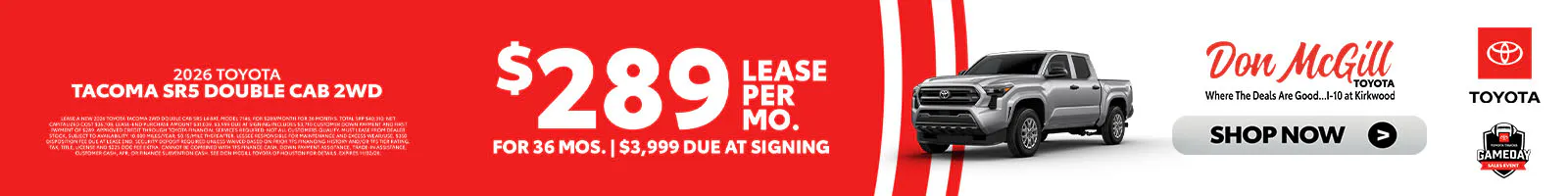 Lease 2026 Tacoma SR5 Double Cab – $289/Month for 36 months