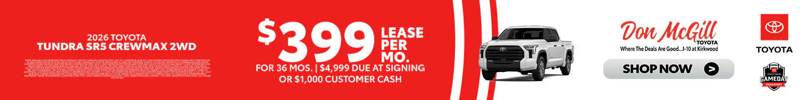 Lease 2026 Tundra SR5 CrewMax – $399/Month for 36 months