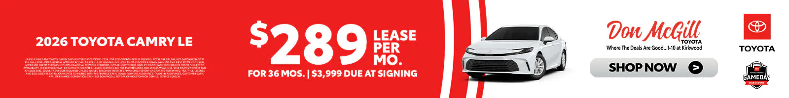 Lease 2026 Camry LE – $289/Month for 36 months