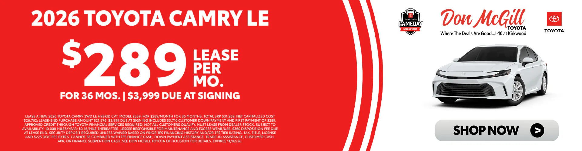 Lease 2026 Camry LE – $289/Month for 36 months