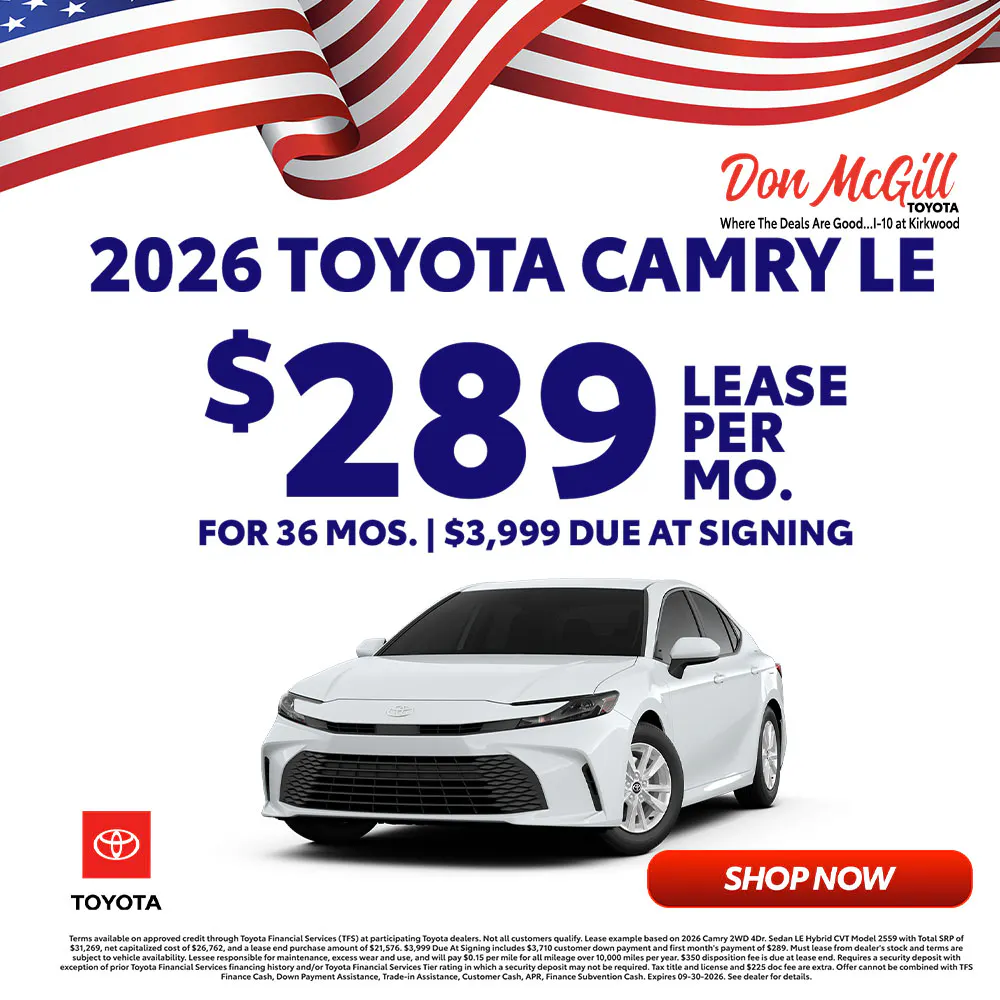 Lease 2026 Camry LE – $289/Month for 36 months