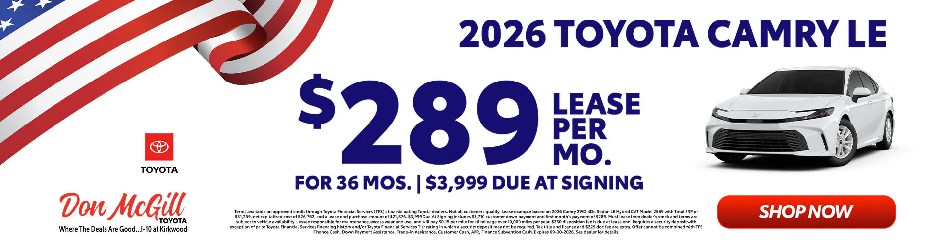 Lease 2026 Camry LE – $289/Month for 36 months