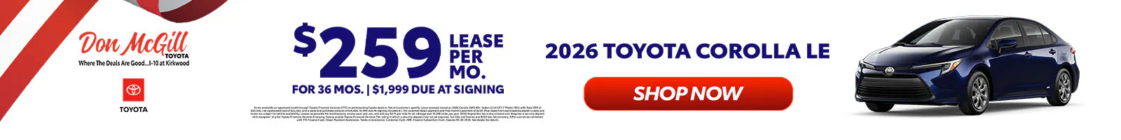Lease 2026 Corolla LE – $259/Month for 36 months