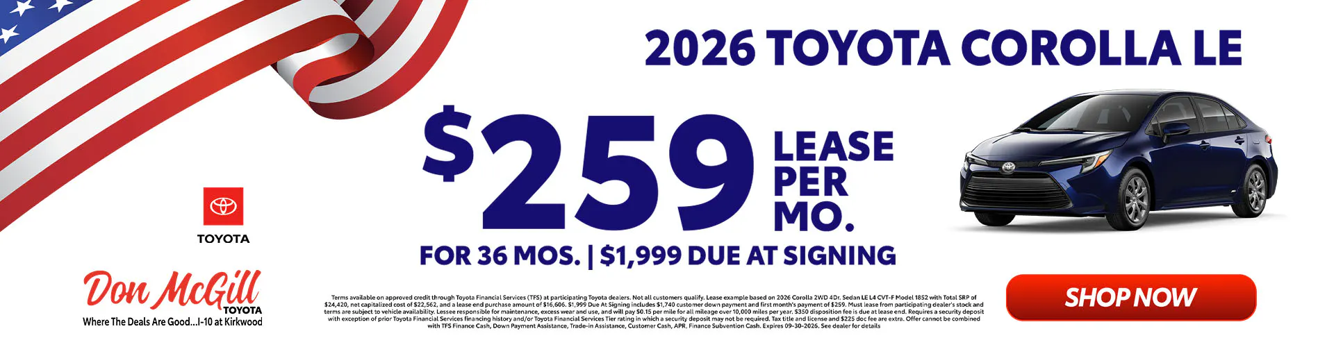 Lease 2026 Corolla LE – $259/Month for 36 months