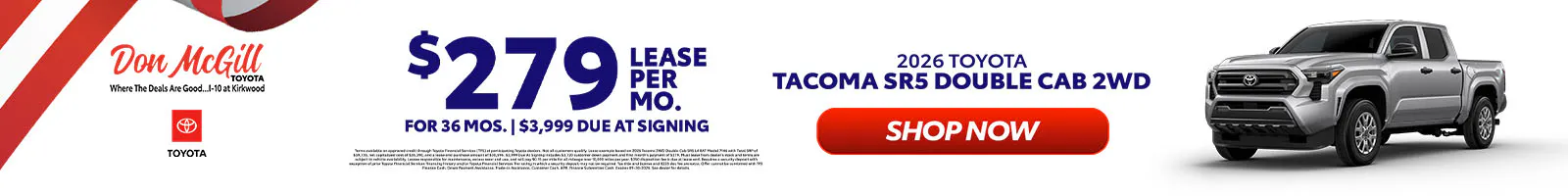 Lease 2026 Tacoma SR5 Double Cab – $279/Month for 36 months