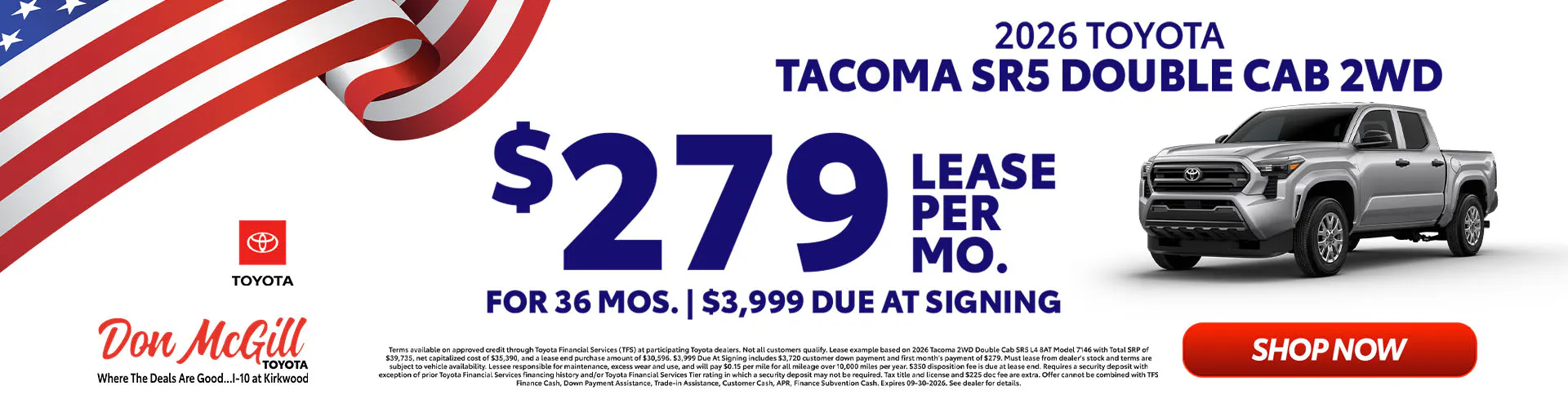 Lease 2026 Tacoma SR5 Double Cab – $279/Month for 36 months