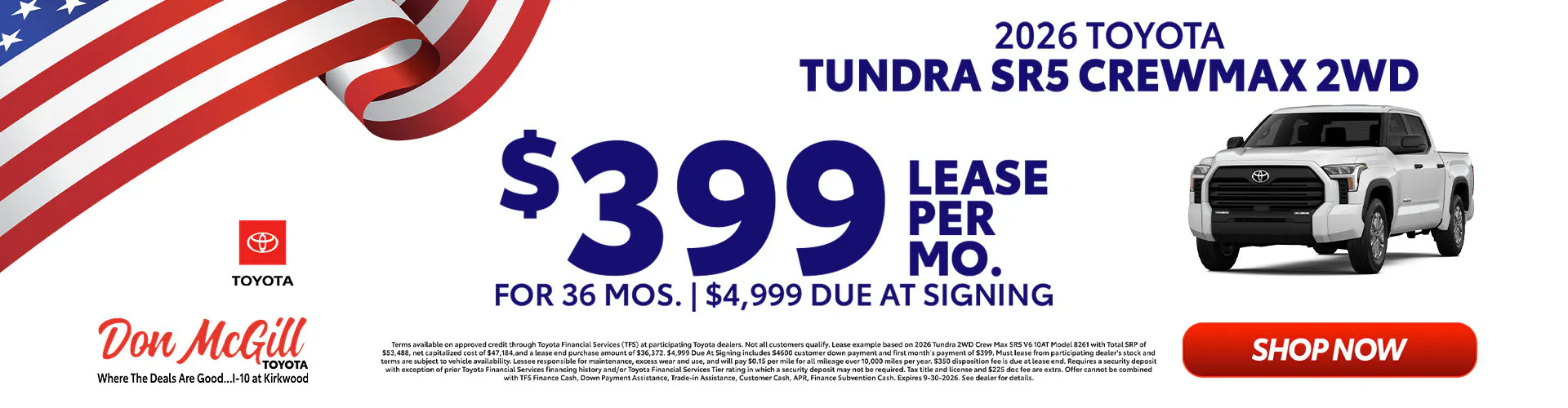 Lease 2026 Tundra SR5 CrewMax – $399/Month for 36 months