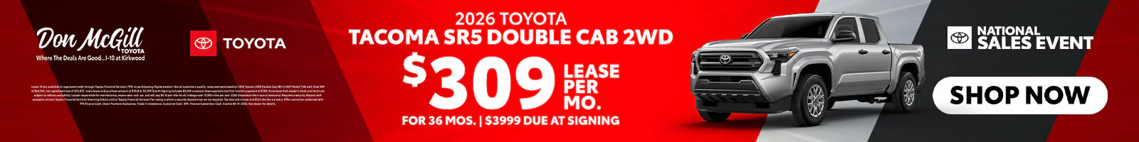 Lease 2026 Tacoma SR5 Double Cab – $309/Month for 36 months