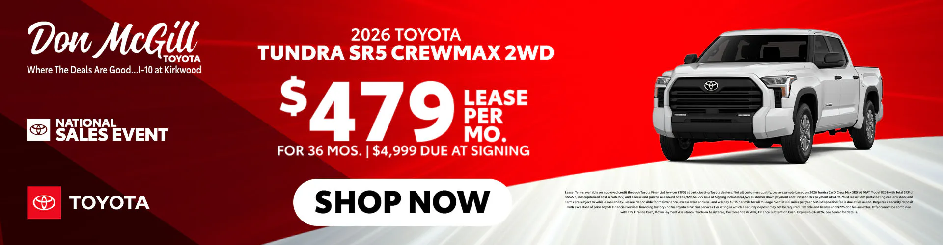 Lease 2026 Tundra SR5 CrewMax – $479/Month for 36 months