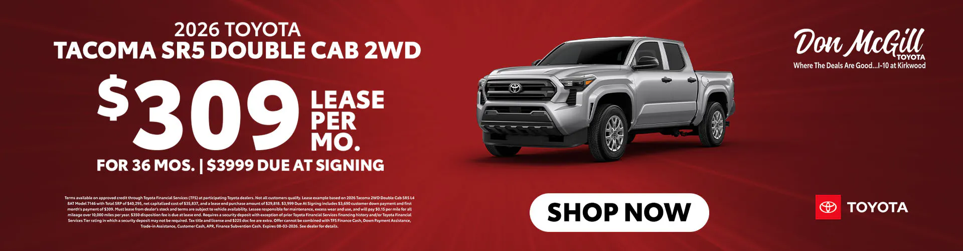 Lease 2026 Tacoma SR5 Double Cab – $309/Month for 36 months