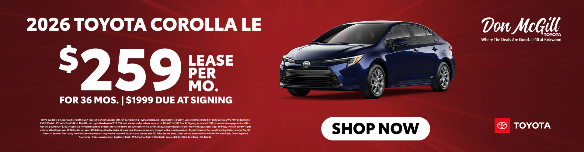 Lease 2026 Corolla LE – $259/Month for 36 months