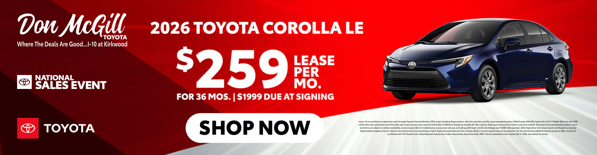 Lease 2026 Corolla LE – $259/Month for 36 months