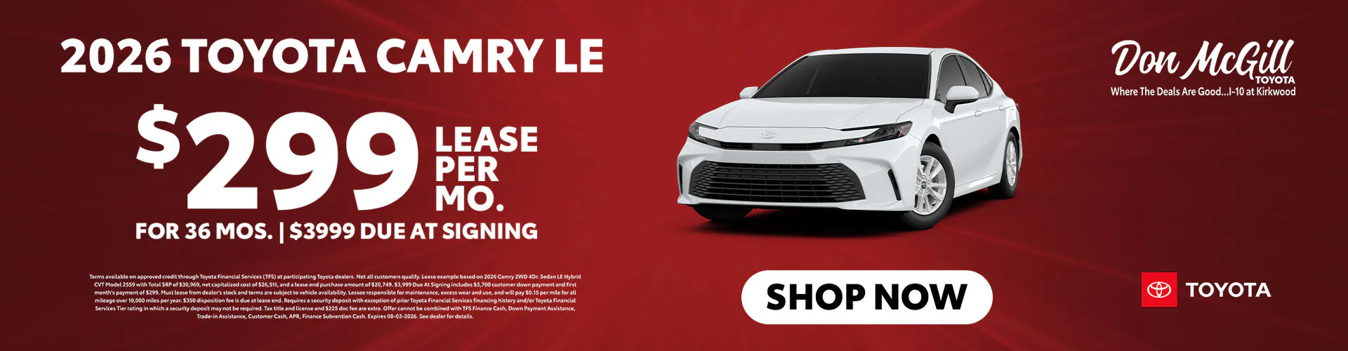 Lease 2026 Camry LE – $299/Month for 36 months